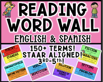 Preview of Reading Word Wall | 150+ TERMS! | Spanish & English | 3rd-5th | STAAR Aligned