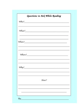Preview of Reading: Worksheet 6 Questions to Ask