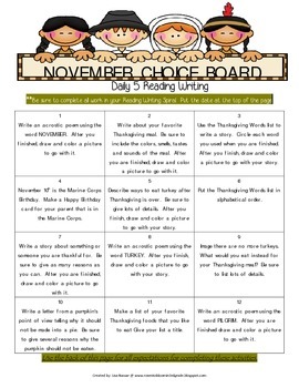 Reading Writing Choice Board for November by Lisa Nassar | TpT