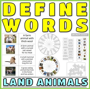 Preview of Definitions Vocabulary Games Puzzles Flash Cards LAND ANIMALS