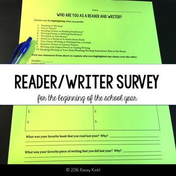Preview of Reading & Writing Survey for Beginning of the School Year