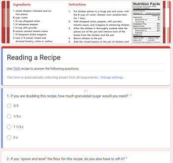 Preview of Reading a Recipe Google Form Assignment