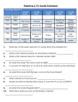 Preview of Reading a TV Guide Schedule(Functional Telling Time and Comprehension Questions)