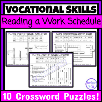 Preview of Reading a Work Schedule Crossword Puzzle Worksheets Packet Employability Skills
