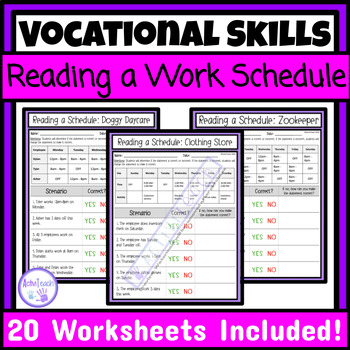 Preview of Reading a Work Schedule Worksheets Packet Employability Skills Special Education