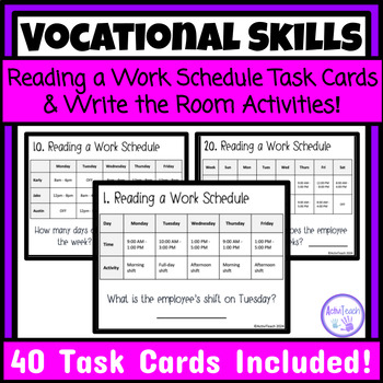Preview of Reading a Work Schedule Write the Room Task Cards Scavenger Hunt Activities