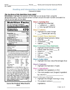 Preview of Reading and Interpreting a Nutrition Facts Food Label - GUIDED NOTES