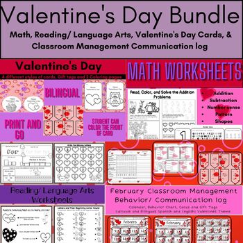 Preview of Reading and Math Worksheets Valentine Theme Bundle