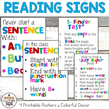 Reading and Sentence Writing Classroom Mini Posters by Heather Johnson 33