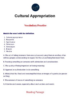 Preview of Reading and Writing Activity_Cultural Appropriation