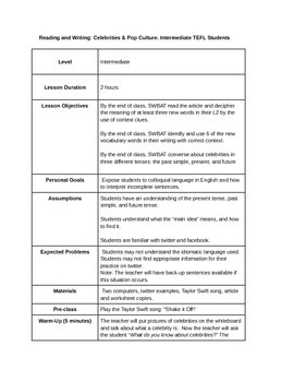 Preview of Reading and Writing: Celebrities & Pop Culture. Intermediate ESL / TEFL Students