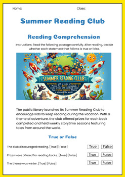Preview of Reading comprehension Summer and TRUE OR FALSE questions 2024 choices
