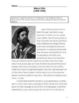 Preview of Reading in Social Studies MARCO POLO w/ 20 Multiple Choice Read Comprehension Qs