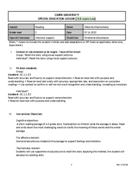 Preview of Reading lesson plan for 2 grade (1:1 emotional, behavioral, learning disorder)