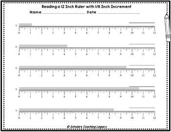Reading on 12 Inch Ruler with 1/8 Inches Increments Worksheet Math Problems