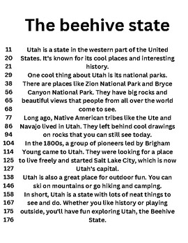 Preview of Reading passage about Utah