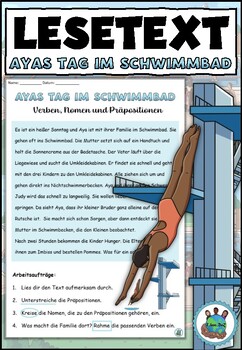 Preview of Reading text "Ayas Tag im Schwimmbad" - verbs, prepositions, nouns | German