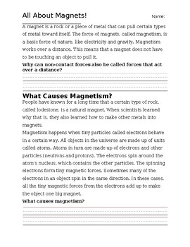 Preview of Reading to Learn - Introduction to Magnetism - Introductory Physics