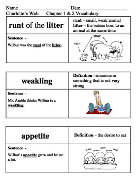 Preview of Ready Gen Charlotte's Web Vocabulary Chapter 1-9
