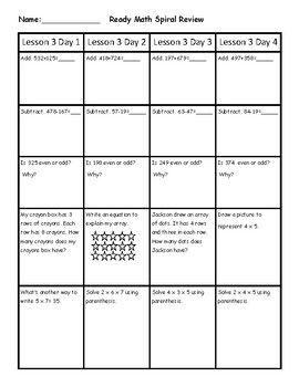 Preview of Ready Math Spiral Review Third Grade Lesson 3