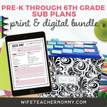 Preview of Ready To Go Sub Plans Pre-K through 6th Grade Print + Google Slides MEGA Bundle