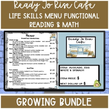 Preview of Ready To Rise Cafe Menu Functional Reading & Math GROWING BUNDLE