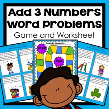 Preview of Adding Three Numbers First Grade Word Problem Game and Worksheet