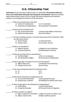 Preview of Real 100-Q U.S. Citizenship Test / 2 Versions (Multiple Choice & Short Answer)