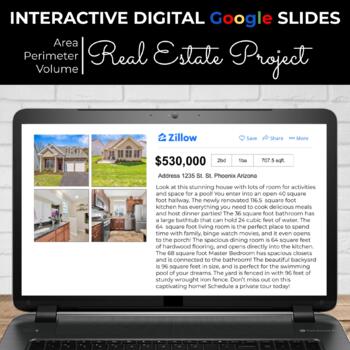 Preview of Real Estate Area, Perimeter & Volume Project | Google Slides | 100% Editable