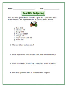 Preview of Real Life Budgeting Word Problems