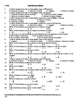 Preview of Real Number System Worksheet