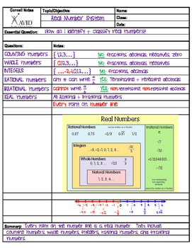 Preview of Real Number System Cornell Notes