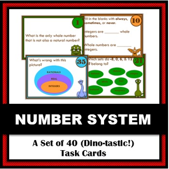 Preview of Real Number System Task Cards: Set of 40 Nerdy Dino-Themed Task Cards