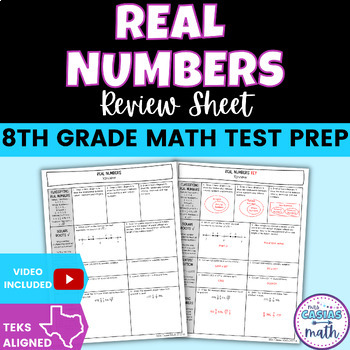 Preview of Real Numbers 8th Grade Math Review Sheet | STAAR State Test Prep