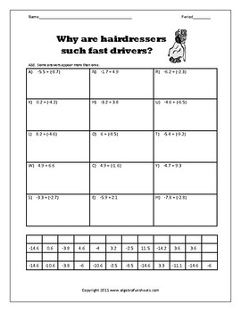 Preview of Real Numbers: Adding Positive and Negative Decimals Worksheet | Math Riddle