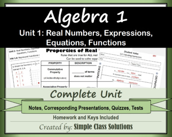 Preview of Algebra 1, Unit 1-Real Numbers, Expressions, Equations, Functions w/Notes,PPT&HW