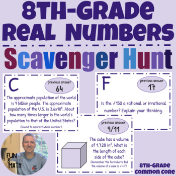 Preview of Real Numbers & Square and Cube Roots Scavenger Hunt Activity 8th grade math