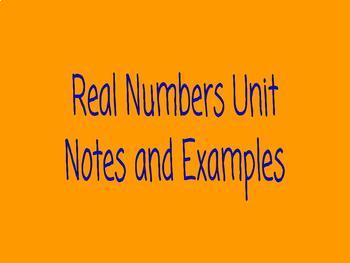 Preview of Real Numbers Unit Notes and Examples