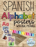 Real Pictures Spanish Alphabet Posters - Rustic Wood With Rainbow