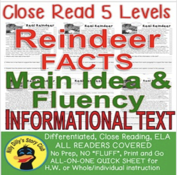 Preview of Real Reindeer FACTS CLOSE READING 5 LEVEL PASSAGES Main Idea Fluency Check TDQs