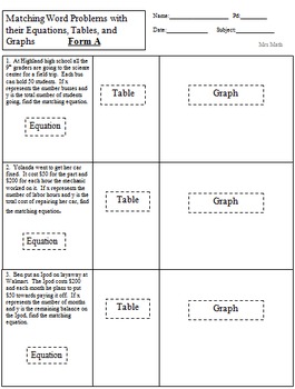 Real World Linear Equations, Tables, and Graphs Matching Activity + 3  Handouts