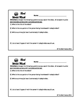Preview of Real World Math Videos Companion Worksheet