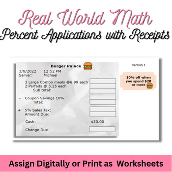 Preview of Real World Math With Receipts- total, percentage, tip, discount, tax