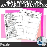 Real World One Variable Equations Puzzles TEKS 8.8c Math G