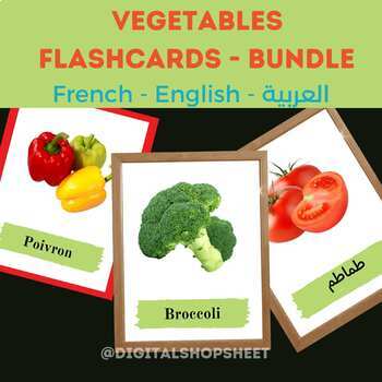 Preview of Real vegetable printable flashcards-English French Arabic bundle-Montessori