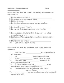 Realidades 1 5A Vocabulary Quiz by Spanish4U | Teachers ...