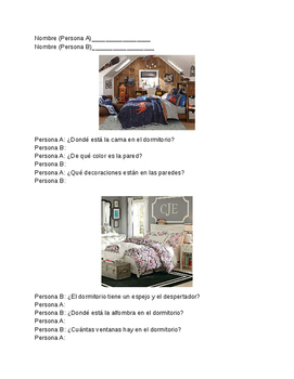 Preview of Realidades 1 6A Speaking Information Gap Activity Bedroom Questions