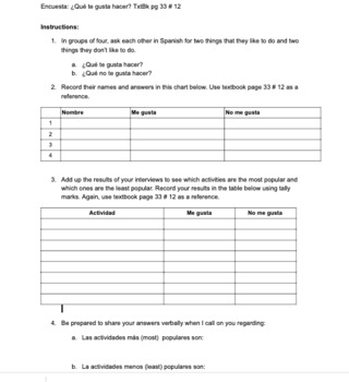 Preview of Realidades 1 Chapter 1A pg 33 # 12: Encuesta: ¿Qué te gusta hacer?