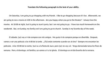 Preview of Realidades 1, Chapter 4B sentence-by-sentence paragraph translation