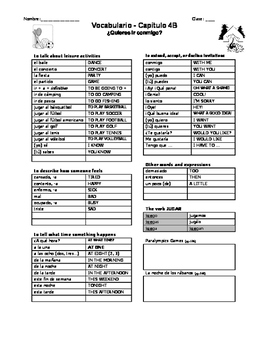 Realidades 1 Vocabulary List Chapter 4b By Anna Neale Tpt